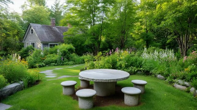 A stone table and four round concrete seating benches around it, surrounded by lush greenery in the backyard of an old New England home