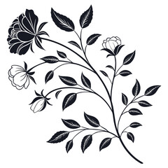 Dark floral branch with blooming flowers and leaves