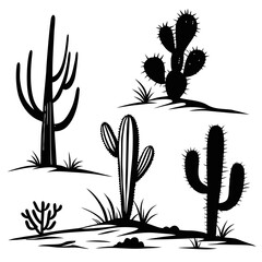Desert cacti silhouettes with sparse vegetation cactus © Rabbi