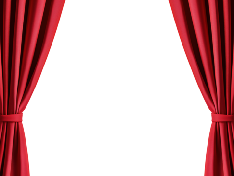 Opened elegant red theater curtains isolated on transparent background