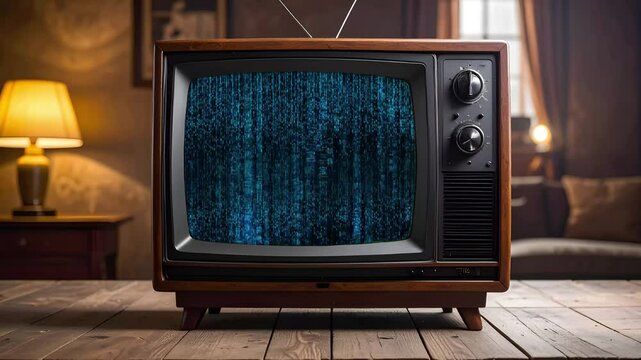 old retro CRT TV monitor with coding programming technology animation, digital era begin concept