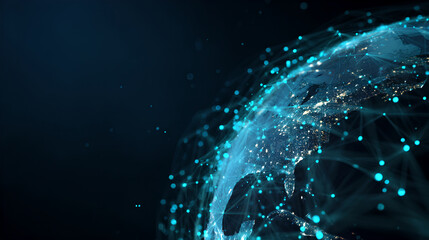 A captivating digital representation of the globe, brilliantly illuminated by glowing interconnected blue lights, symbolizing global connectivity, data networks, and technological advancement against 
