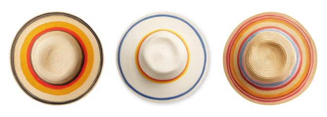 Summer straw hats with colorful stripes isolated on transparent background, top view