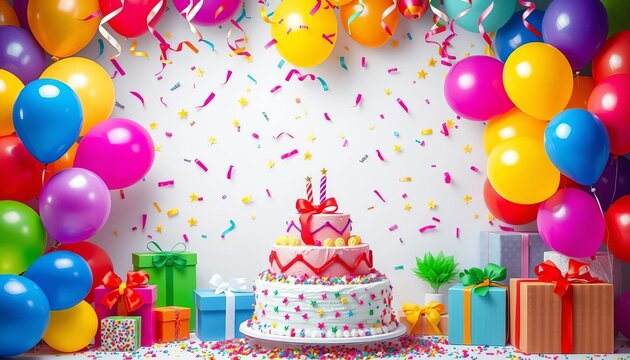 Vibrant balloons, colorful gifts, festive confetti, birthday cake backdrop,  cheery,  celebration