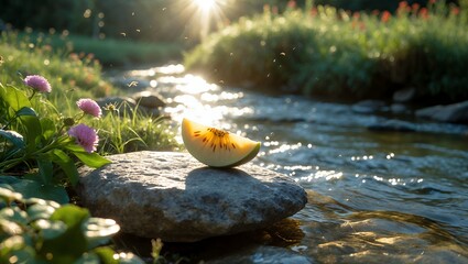 Melon Slice Resting on River Rock at Golden Hour Sunlight