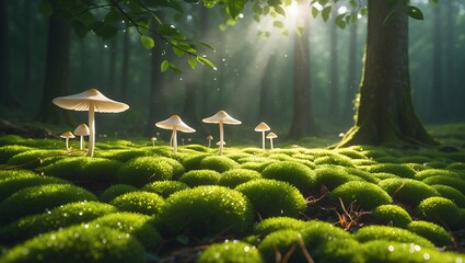 Mushrooms Growing on Mossy Forest Floor with Sunlight Streaming Through Trees