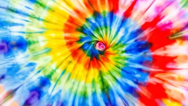 Vibrant tie-dye swirl with a spiraling center. Colors blend in a radial pattern