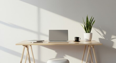 Minimalist Workspace with Laptop, Plant, and Coffee Cup on Wooden Desk in Sunny Room, Serene Home Office Setup with Natural Light and Simple Design Elements