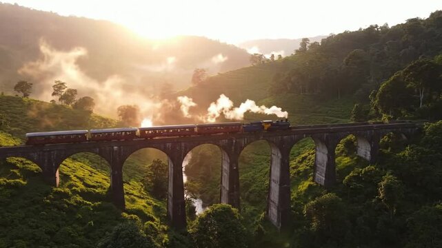 Scenic train crossing nine arch bridge in ella sri lanka at sunrise isolated on transparent background