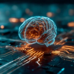 holographic brain floating over futuristic circuit platform concept of neural AI systems