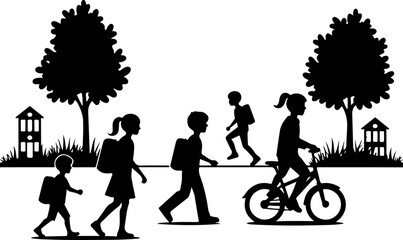 boy and girl going to school , silhouette, woman, couple, people, vector, love, child, illustration, boy, family, black, dance, silhouettes, men, daughter, fashion, kid, person, mother, romance, fun, 