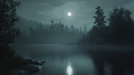 Misty lake night landscape