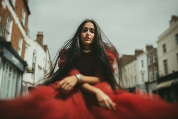 Woman in Red Dress in City