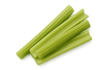 Four fresh celery stalks, offering a healthy and vibrant culinary option, are presented on a transparent background