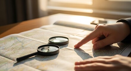 Person s finger tracing a route on a map with magnifying glass and compass