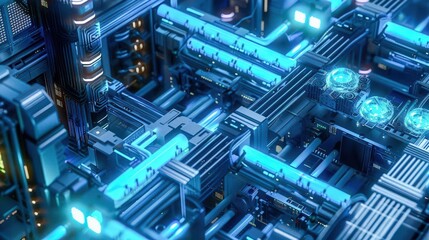isometric D AI server farm with glowing data streams and cooling vents neon blue and black .