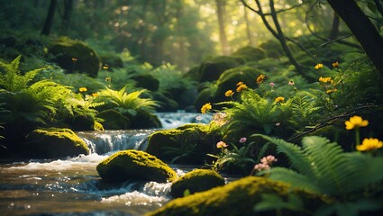 Flowing Stream in Lush Forest with Mossy Rocks and Flowers