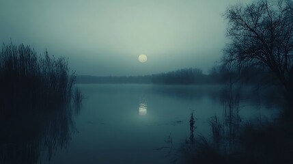 Misty lake under full moon