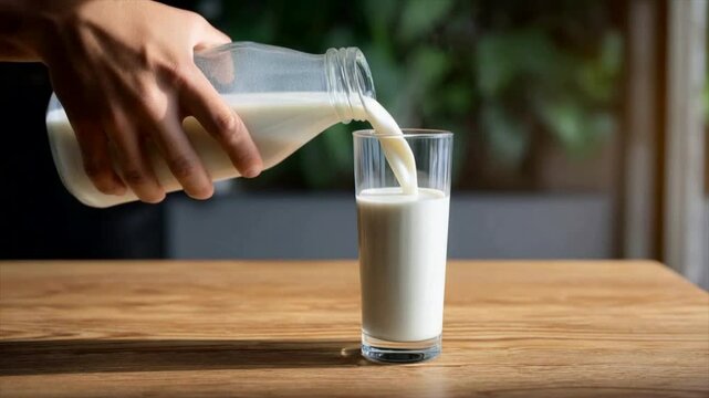 A hand is pouring milk from a glass bottle into a clear tall tumbler on a wooden table