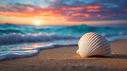 Seashell on Sandy Beach with Waves and Beautiful Sunset Sky