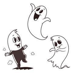 Happy cartoon ghosts floating and playing spooky