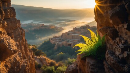 Overlook of Ancient Village at Sunrise with Fog and Fern