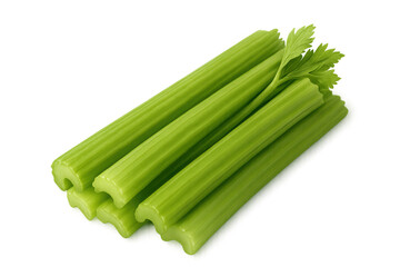 Diagonal green celery ribs displaying fresh leafy texture against transparent backdrop