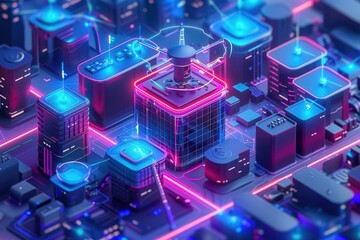 isometric D cityscape with futuristic drones delivering packages to glass offices neon accents on dark background on drone .