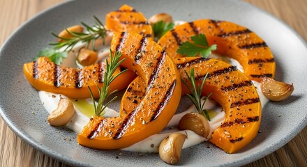 Delicious grilled butternut squash slices served on creamy yogurt with garlic and rosemary