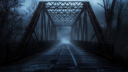 Misty metal bridge at dusk