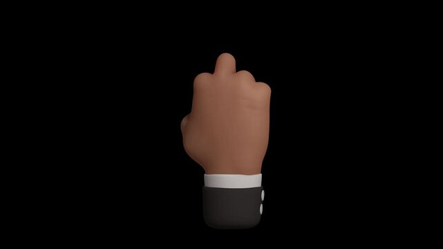 Seamless 4K loop of black skin showing middle finger offensive hand gesture in black sleeve. 3D emoji cartoon animation render with alpha transparent background.