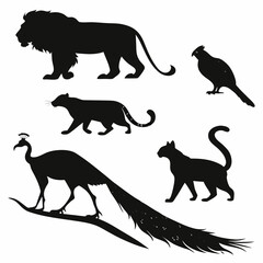 Lion panther peacock cat bird silhouettes vector