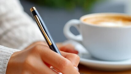 Close-up of Hand Holding Pen Taking Notes Beside Coffee Cup on Wooden Table - Powered by Adobe