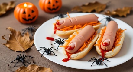 Spooky halloween finger hot dogs with ketchup blood and creepy spiders on a plate