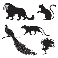 Lion tiger panther peacock pheasant silhouettes leopard