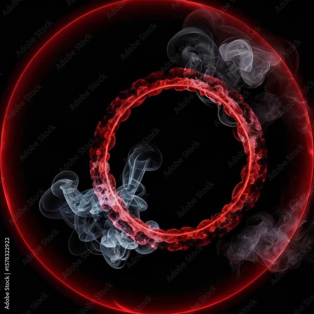 Fototapete abstract rendering of glowing red circles encircled by ethereal white smoke on black background