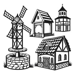 Medieval village structures and windmill buildings