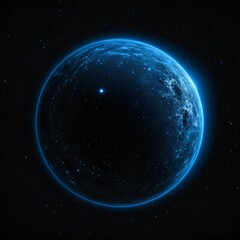 Glowing blue planet hovers in vast, dark expanse, creating a serene and celestial atmosphere.