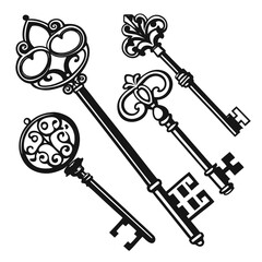 Ornate antique key silhouettes black and white vintage