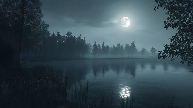 Misty moonlight lake scene