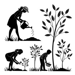 People gardening planting watering trees vector