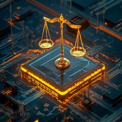 holographic scale of justice floating above AI processor chip glowing light dark futuristic background ultra detailed and symmetrical toplit scene
