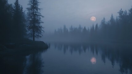 Misty morning landscape over lake