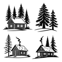 Obraz premium Rustic cabins and pine trees silhouettes cottage house