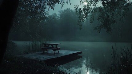 Misty night by a lakeside dock