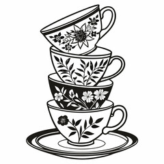 Stacked floral teacups and saucer black and white