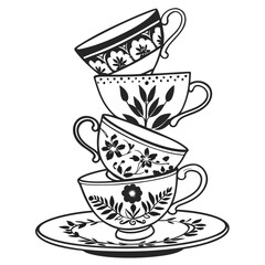 Stacked teacups with floral designs dessert plate vintage