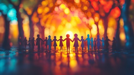 Unity in Light. A heartwarming visual representation of community and support, showcasing a group of silhouetted figures holding hands, set against a vibran