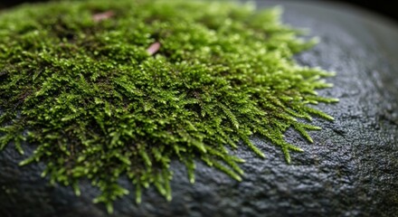 Green Moss on a Rock, Close-Up, Moss Covering Stone Surface in Nature, Soft Focus Close Up