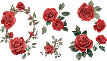Fototapeta premium Elegant Watercolor Red Rose Border with Leaves on a White Background